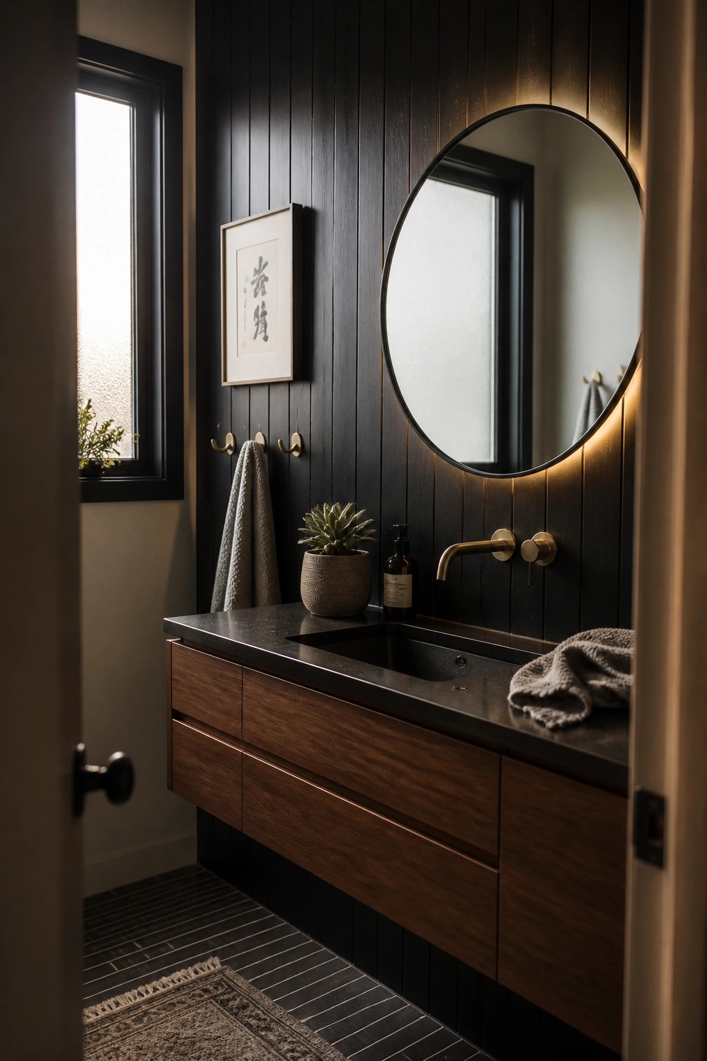 A modern bathroom with dark vertical wood paneling, a floating wood vanity topped with black stone, and a round backlit mirror above the sink.