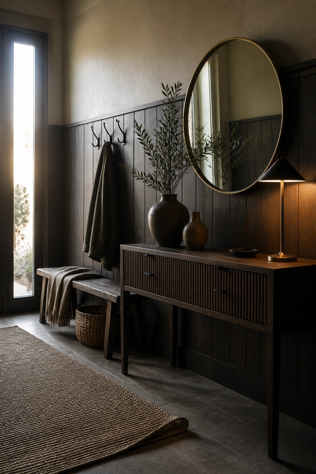 A narrow interior entry with dark vertical wood paneling, a wooden console table holding vases and a lamp, a round mirror above it, and a bench with a basket underneath near an open doorway.