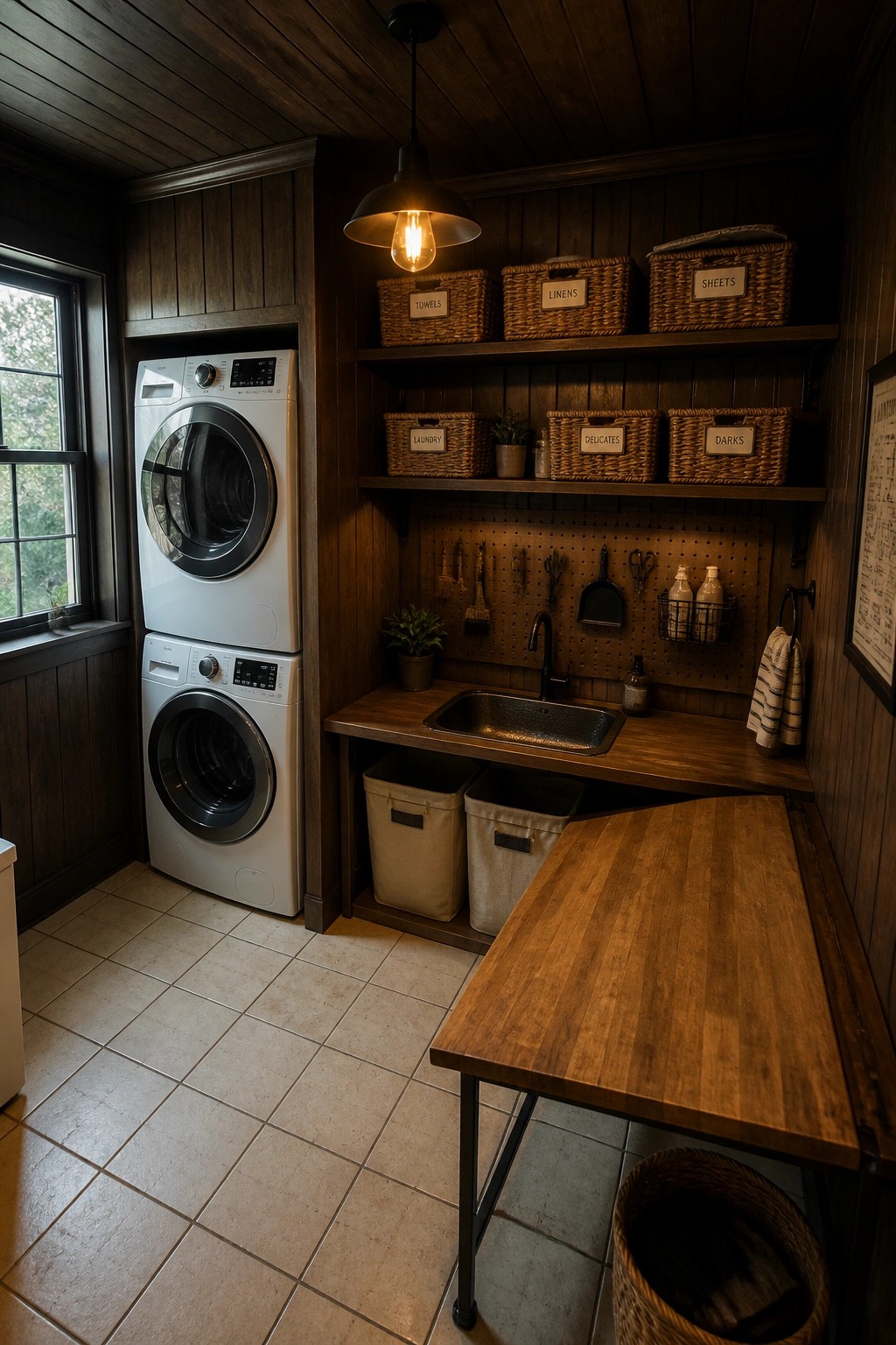 A laundry room with dark wood paneling on walls and ceiling, stacked white washer and dryer, wooden counter with sink, and woven baskets on open shelves.