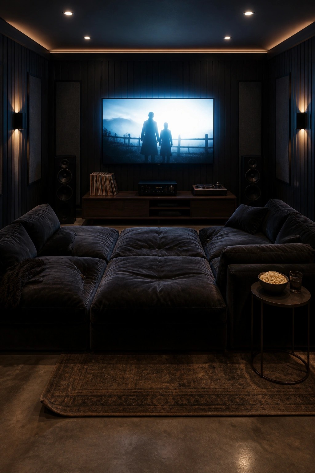 A dimly lit home theater with vertical dark wood paneling on the walls, a large television screen, a dark sectional sofa, and speakers flanking the media console.