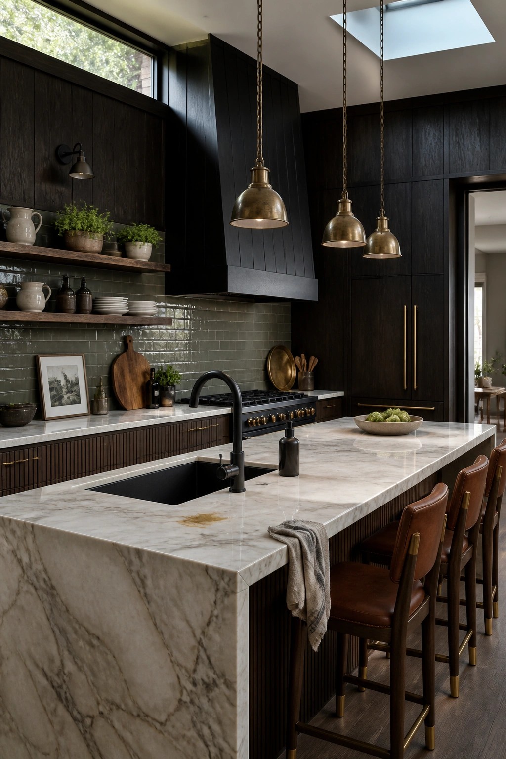 A modern kitchen featuring extensive dark wood paneling on walls and cabinetry, a white marble island with a black sink, brown leather bar stools, and brass pendant lights.