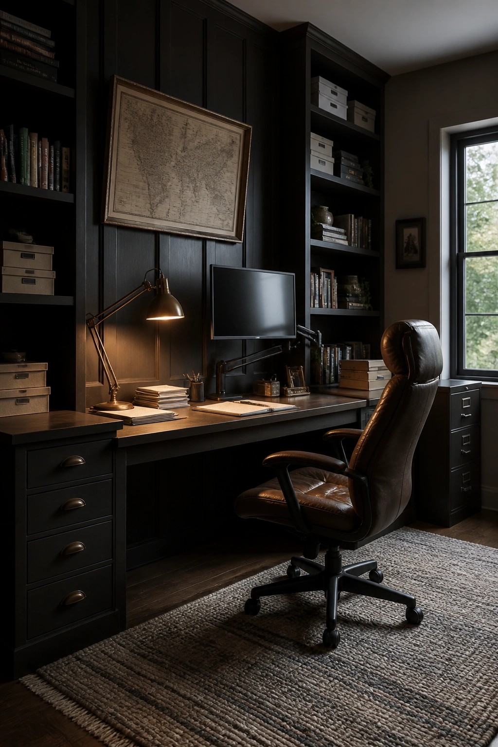 Dark wood office with leather chair, desk, monitor, lamp, and bookshelves.
