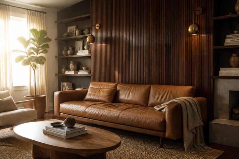 21 Striking Wood Paneling Ideas in Dark Finishes and Rich Tones A living room with a brown leather sofa positioned in front of a wall covered in vertical dark wood paneling, accompanied by a round wooden coffee table and built-in shelving units on either side.