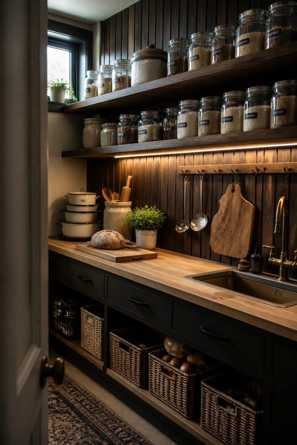 A kitchen interior showing dark vertical wood paneling on the back wall, open wooden shelves with glass jars, a light wood countertop, and lower open storage with woven baskets.