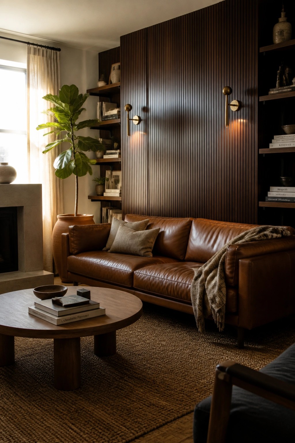 A living room with a brown leather sofa positioned in front of a wall covered in vertical dark wood paneling, accompanied by a round wooden coffee table and built-in shelving units on either side.