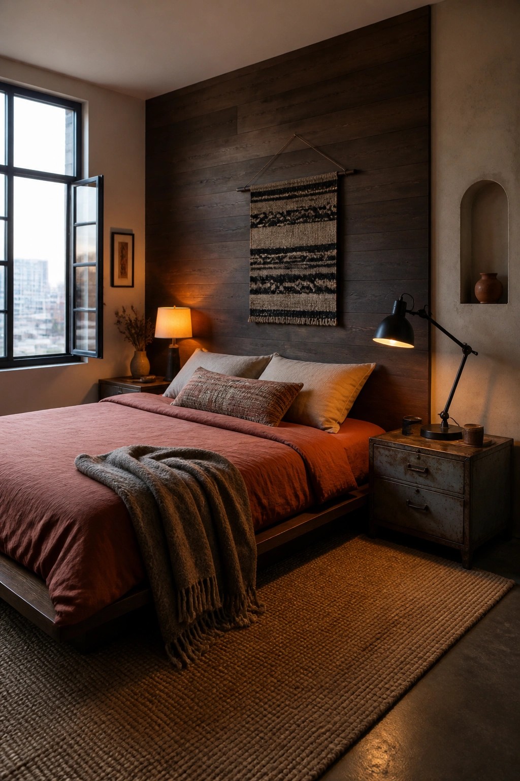 A bedroom featuring a dark wood accent wall behind a bed dressed in rust-colored linens, with a woven wall hanging centered above the headboard.