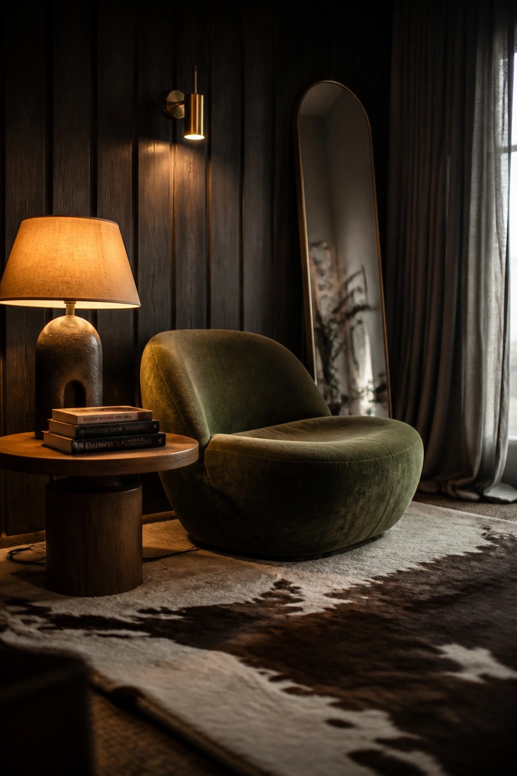 A green upholstered armchair sits beside a round wooden side table holding a lit lamp, set against dark vertical wood paneled walls with a tall mirror and cowhide rug visible.