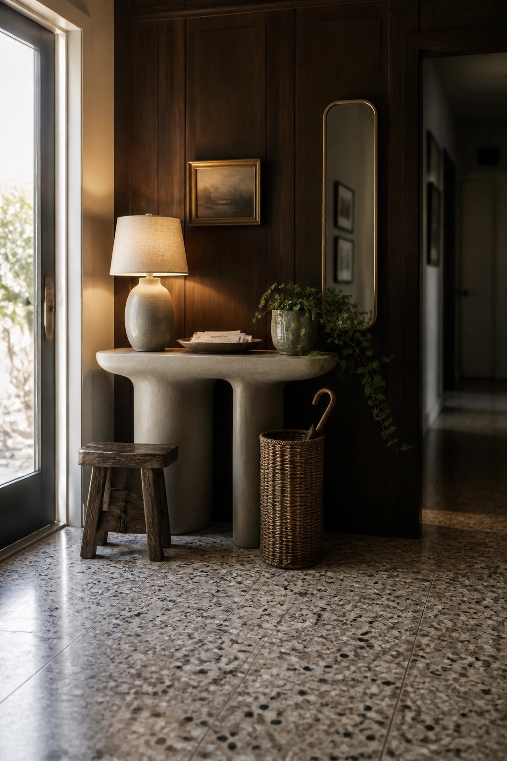 A concrete console table with a lamp stands against dark vertical wood paneling in an entryway with a small wooden stool and woven basket nearby.