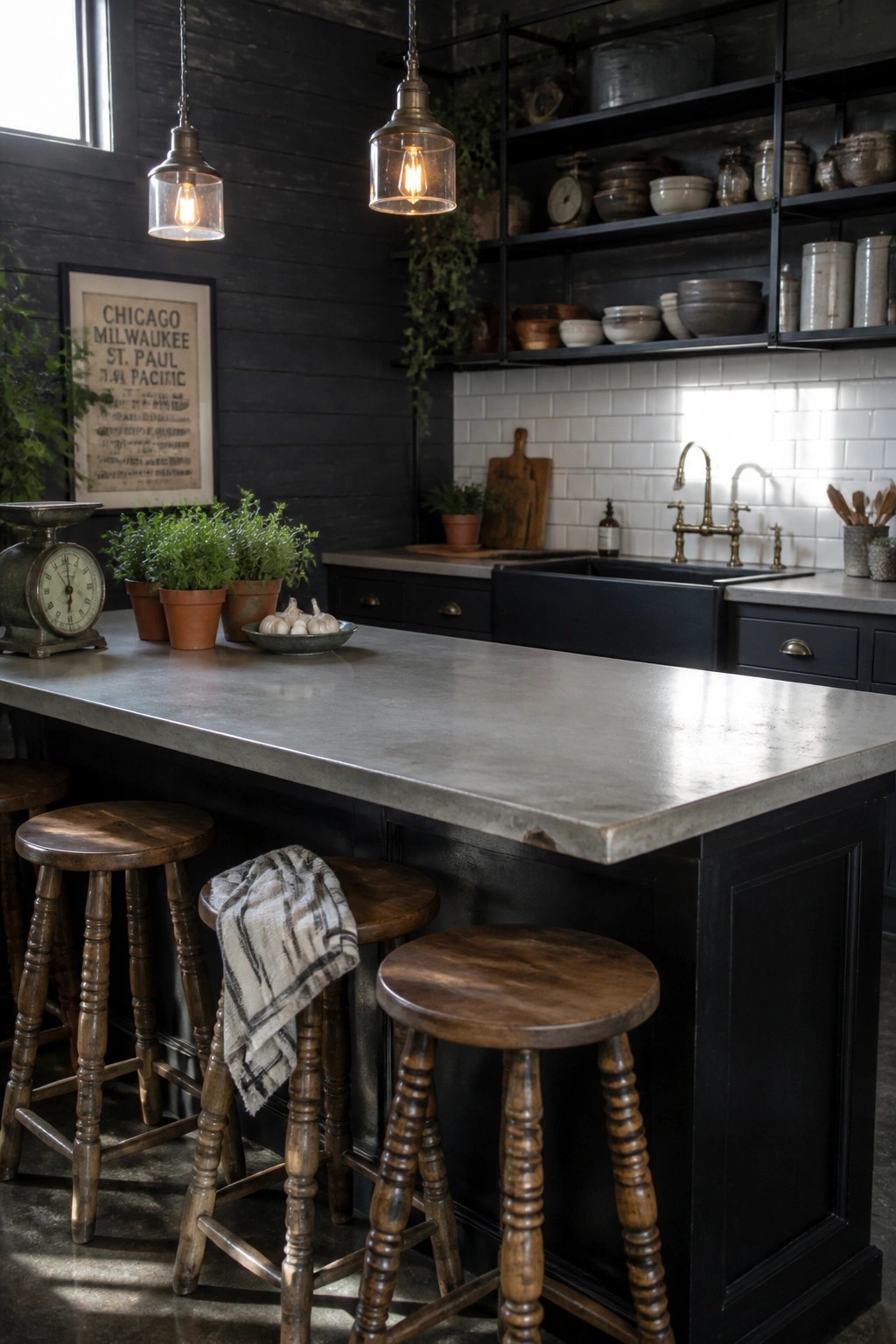 A kitchen with dark wood plank walls, a large concrete island, wooden stools, black open shelving, and a white subway tile backsplash.