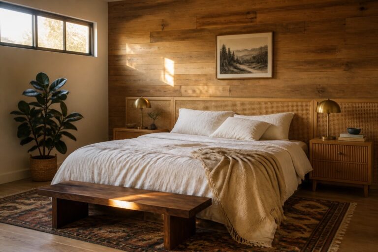 20 Striking Wood Wall Interior Design Ideas for Instant Character A bedroom featuring a full wood plank accent wall behind a bed with white linens, a woven headboard, and brass lamps on wooden nightstands.