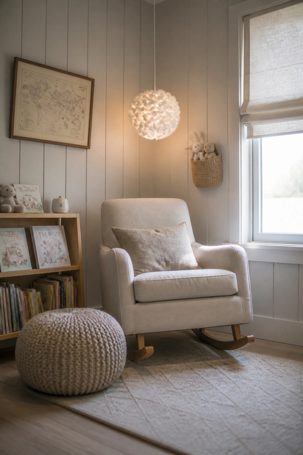 A cozy room with light vertical wood paneling on the walls, a white rocking chair with a pillow, a round knitted pouf, and a low bookshelf holding children's books.