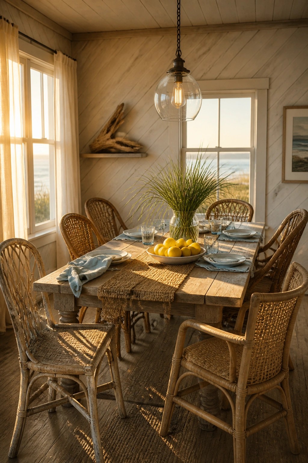 A dining room with light horizontal wood walls shows a wooden table set with lemons, blue napkins, and wicker chairs near large windows.