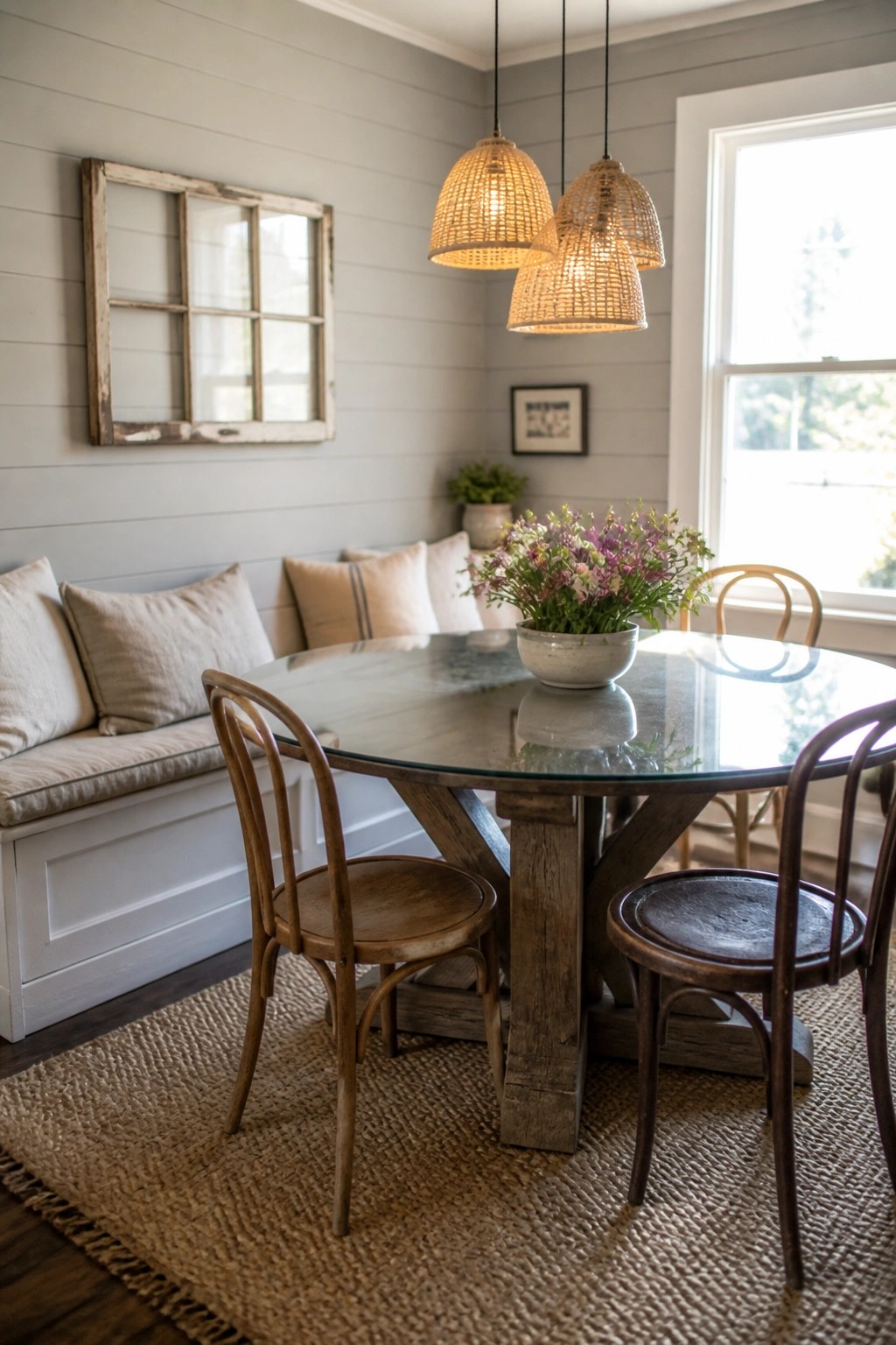 A dining room with light gray horizontal wood panel walls, a round wooden table with a glass top, and a built-in bench with neutral cushions.