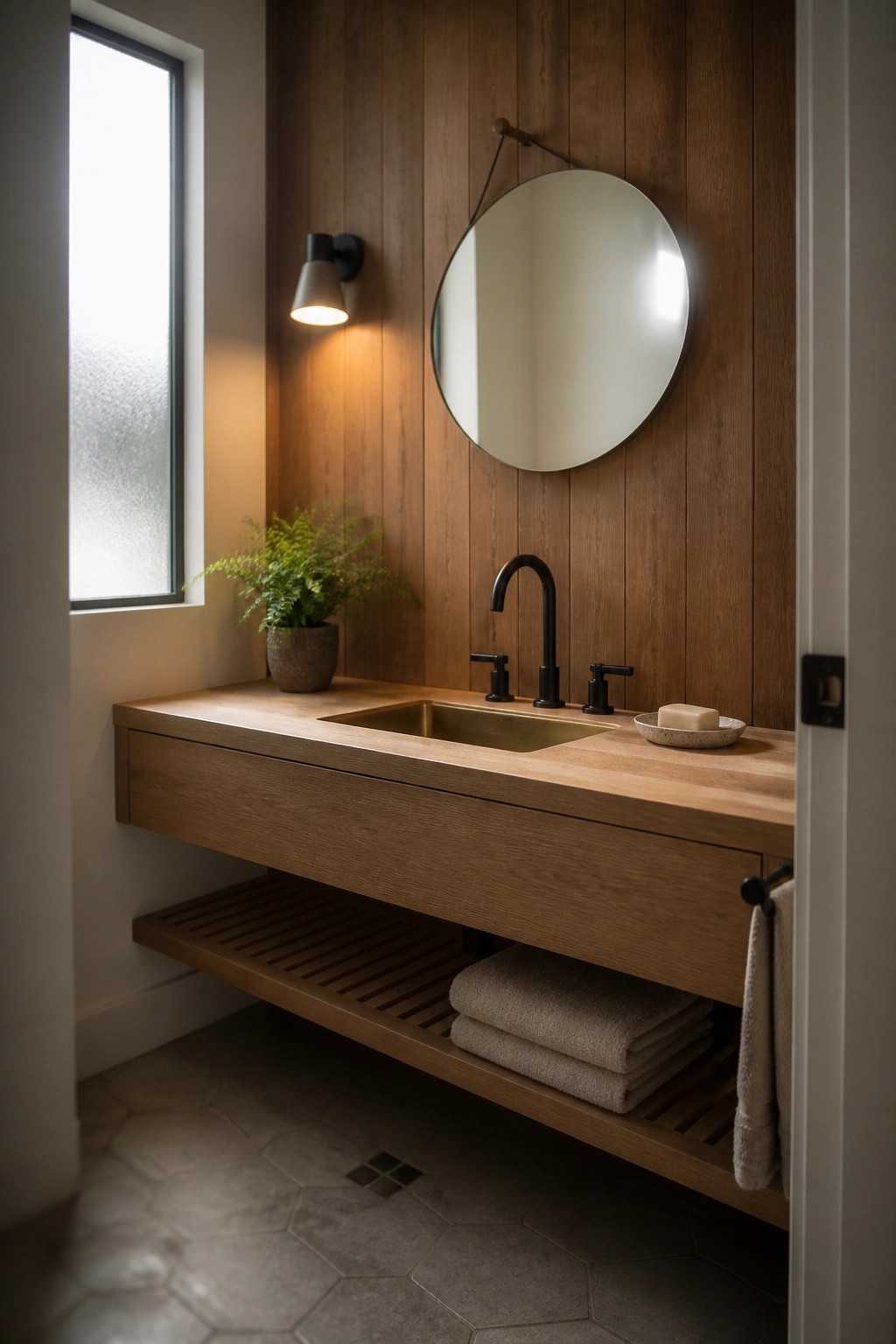 A modern bathroom features a floating oak vanity with integrated sink, black faucet, round mirror on vertical wood paneling, and a potted plant near a frosted window.