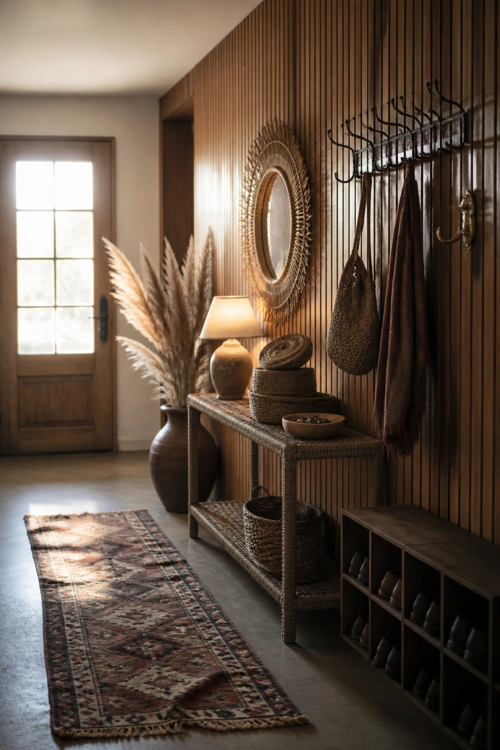A hallway with vertical wood paneling on the right wall, a woven console table holding baskets and a lamp, a patterned runner rug on the floor, and a wooden shoe cubby below a row of hooks.