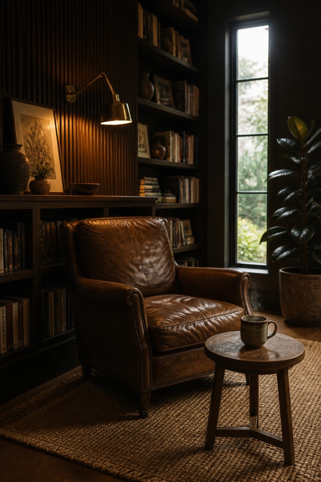 A brown leather armchair in front of vertical wood slat walls with built-in bookshelves and a side table holding a mug.