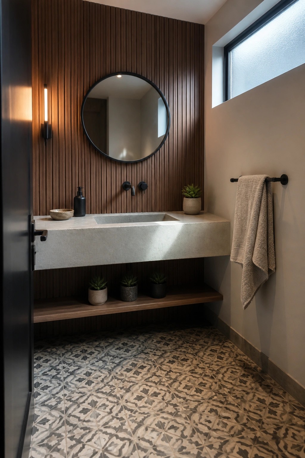 A bathroom with vertical wood slat walls, a round mirror above a floating concrete vanity, black fixtures, and patterned floor tiles.