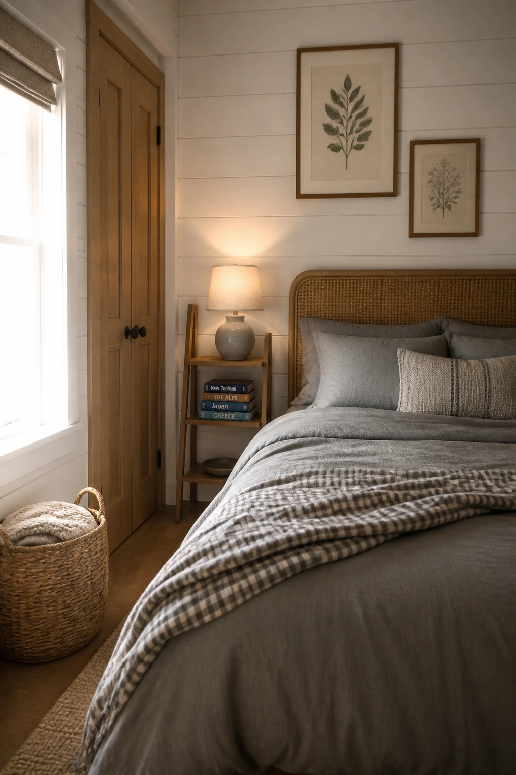 A bedroom with white horizontal wood panel walls, a rattan headboard bed with gray bedding, and a wooden ladder shelf holding books and a lamp.