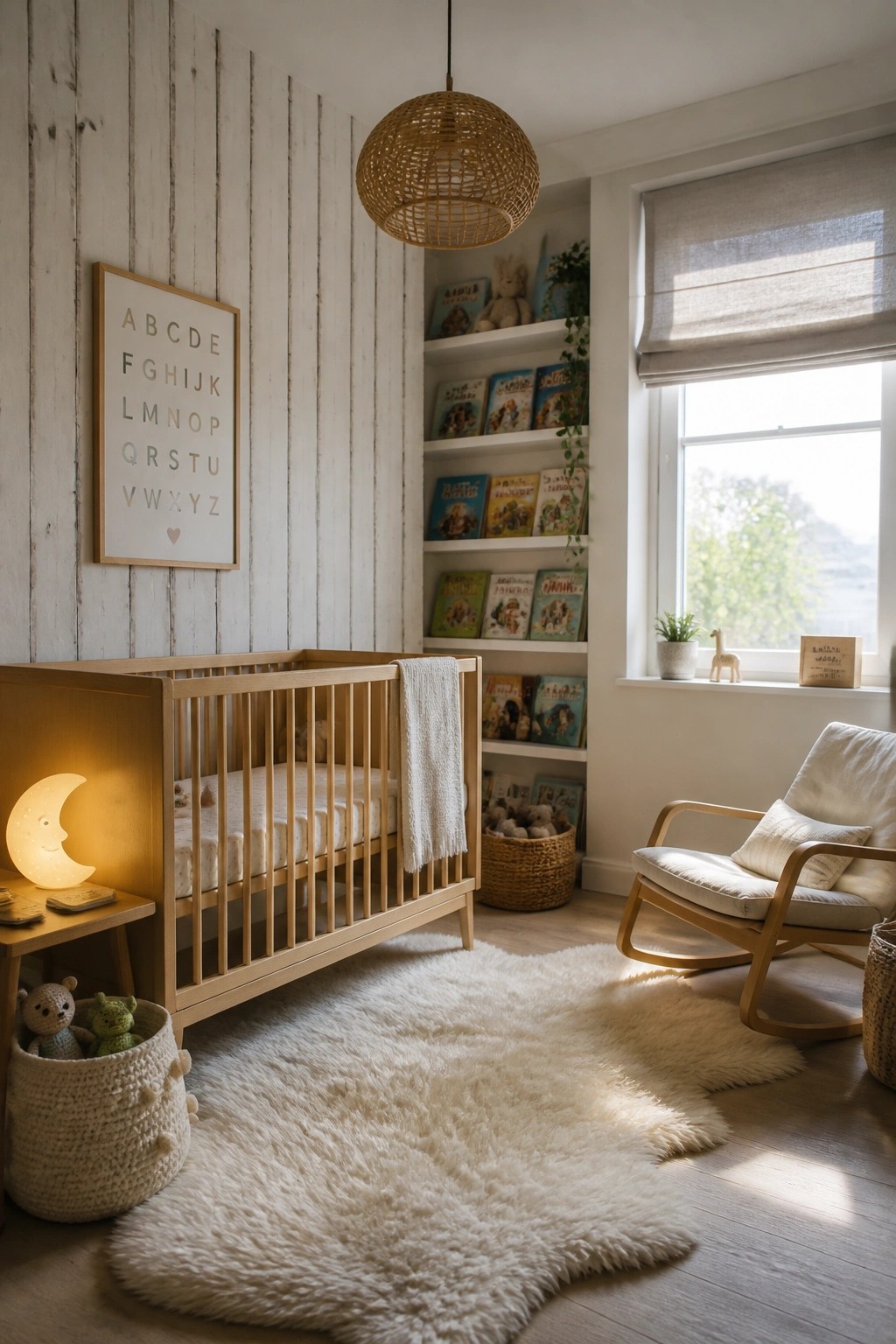 A nursery with vertical whitewashed wood plank walls, a light wood crib, a crescent moon lamp on a side table, and built-in white bookshelves filled with children's books.