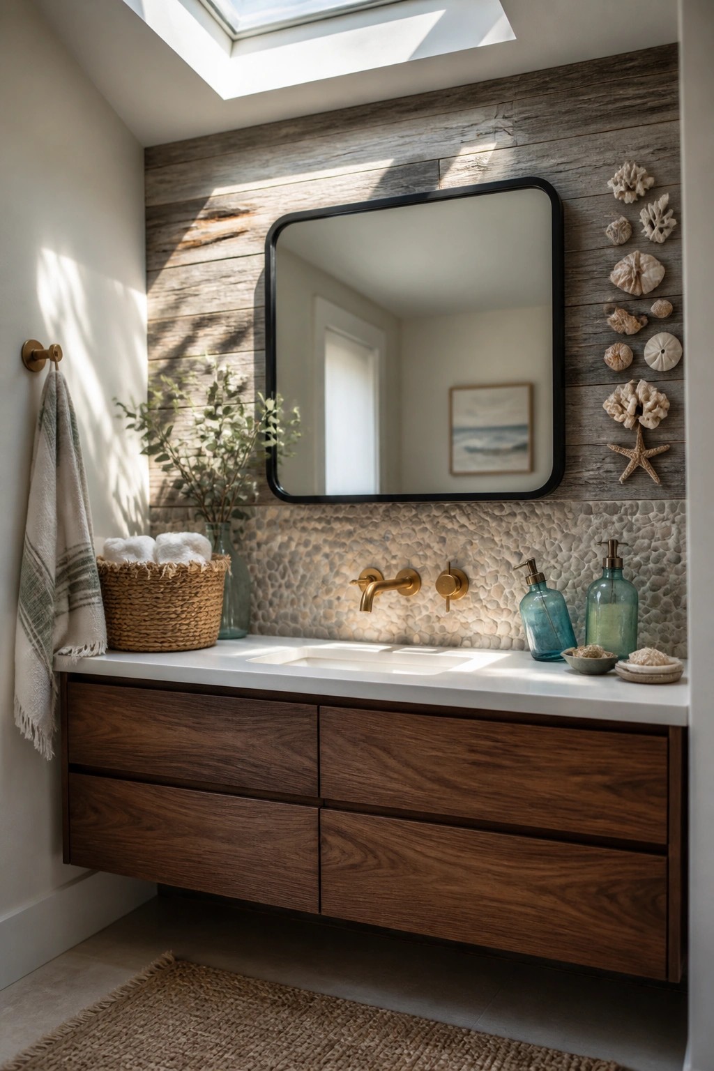 Modern bathroom with dark wood vanity, pebble backsplash, gold fixtures, and seashell decor.