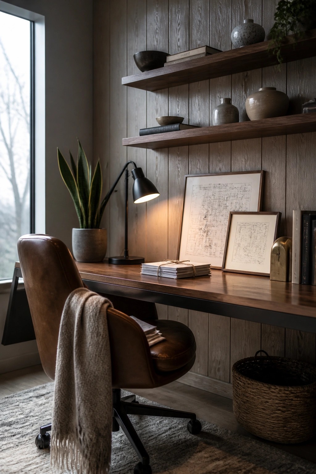 A home office with vertical wood paneled walls, a wooden desk, brown leather chair, black desk lamp, and floating shelves with books and vases.