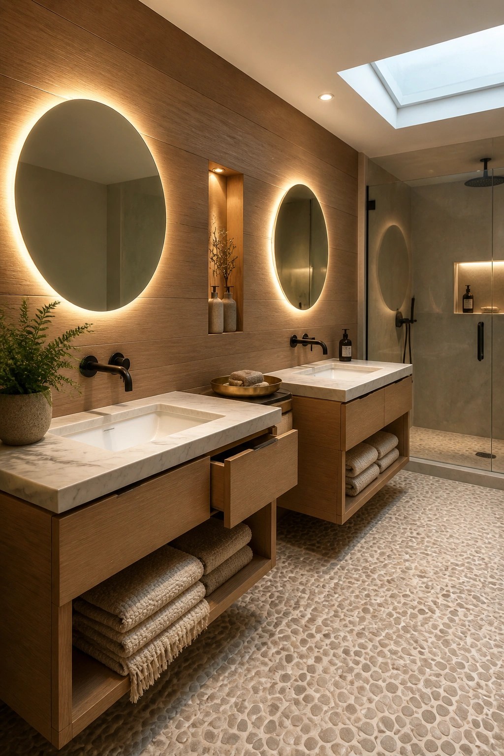 A bathroom with light wood vertical paneling on the walls, two floating wood vanities with marble tops, round illuminated mirrors, open shelving holding towels, and a pebble tile floor.