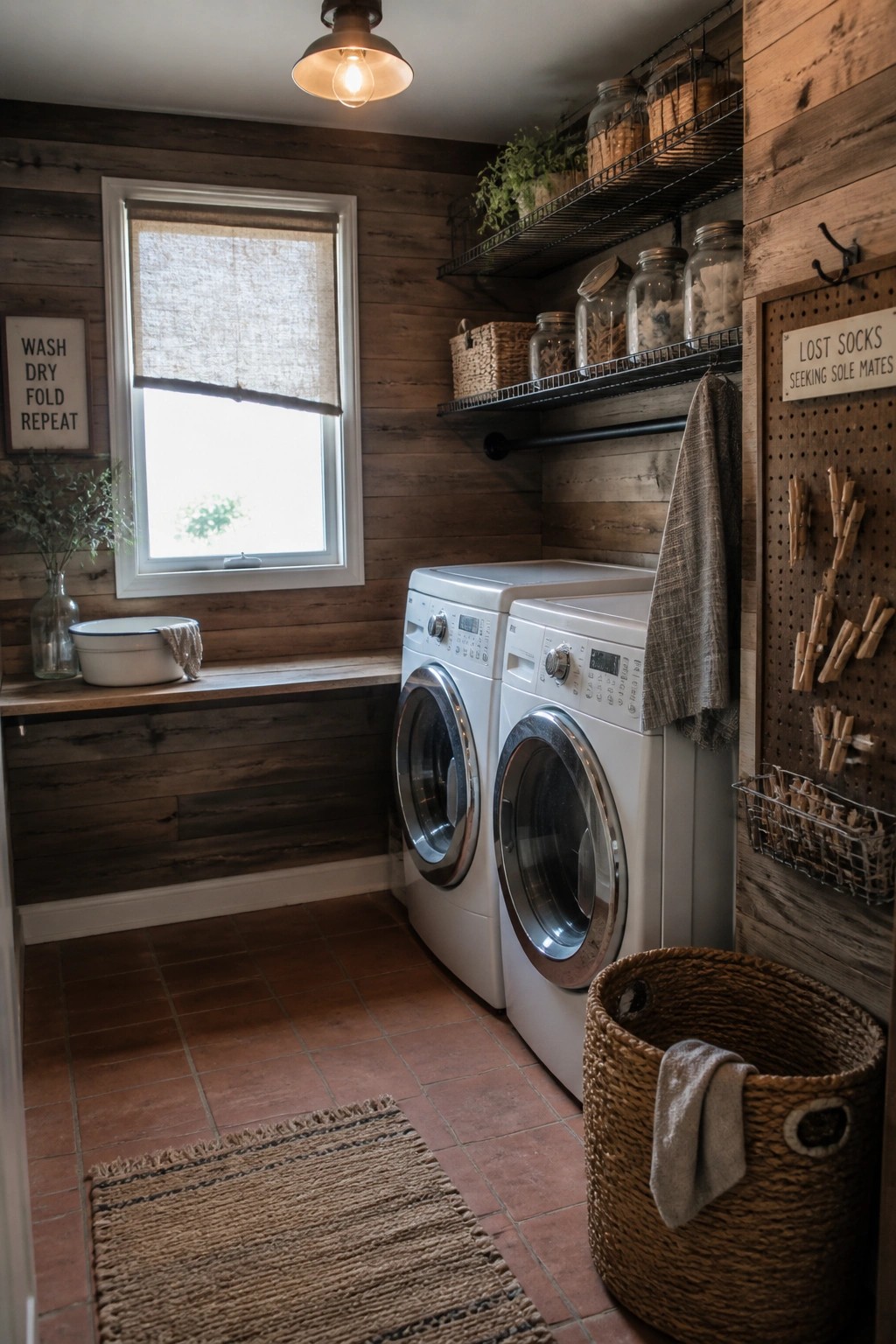 Laundry room interior with white front-loading washer and dryer, dark horizontal wood wall paneling, a window with shade, wire shelves, and a pegboard with clothespins.