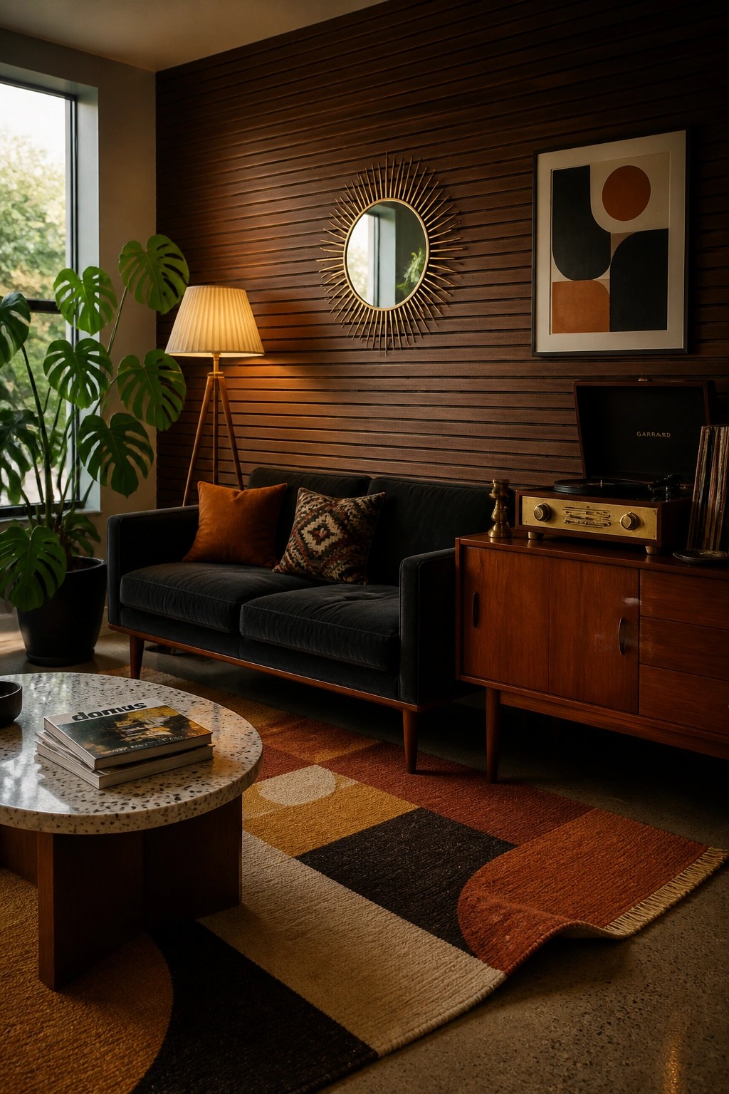 A living room with a dark horizontal wood slat accent wall, black sofa, colorful geometric rug, round coffee table, and a sunburst mirror above the sofa.