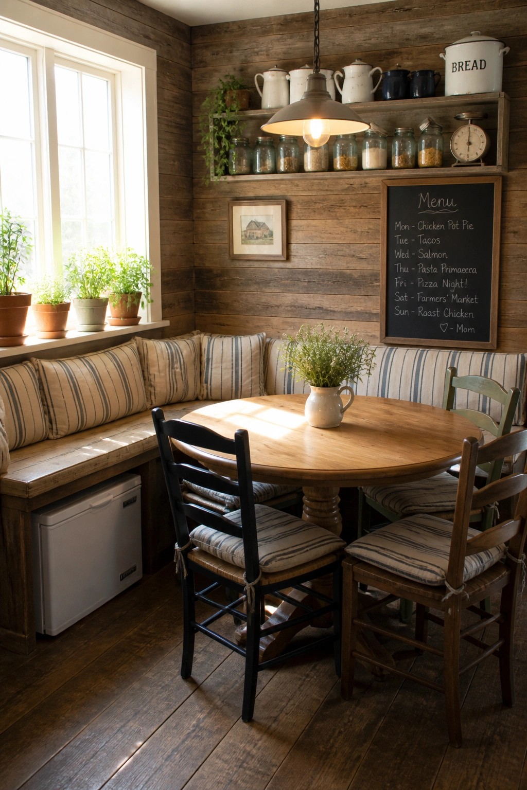 A dining nook featuring horizontal wood plank walls, a round wooden table with mixed chairs, and a built-in corner bench with striped cushions.