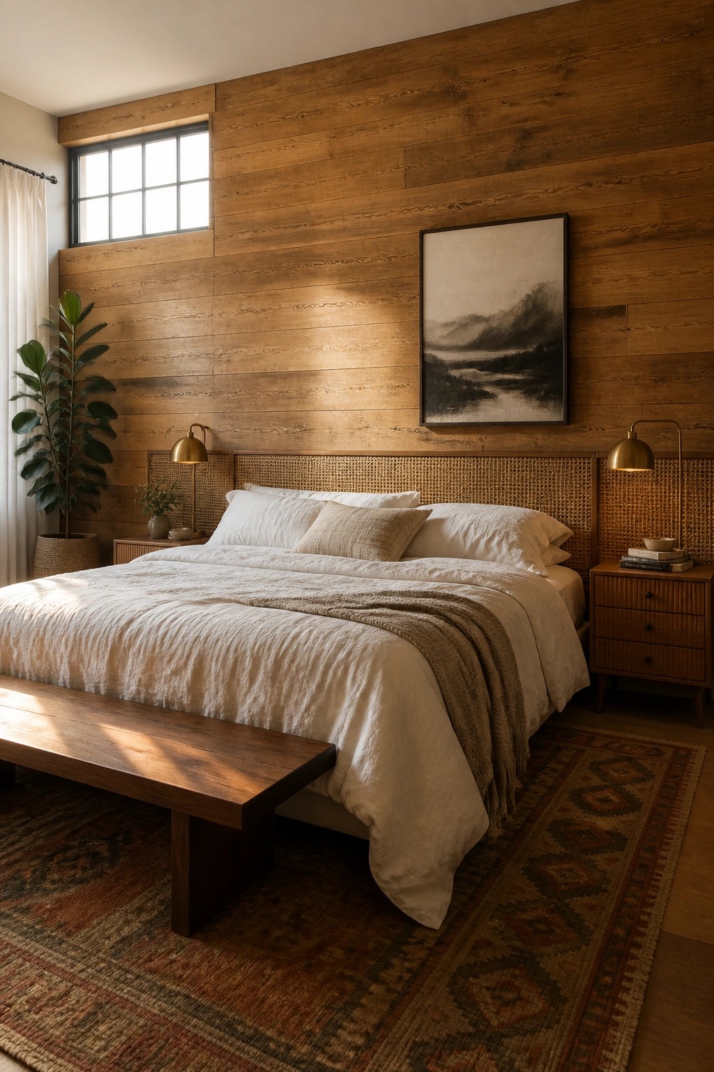 A bedroom featuring a full wood plank accent wall behind a bed with white linens, a woven headboard, and brass lamps on wooden nightstands.