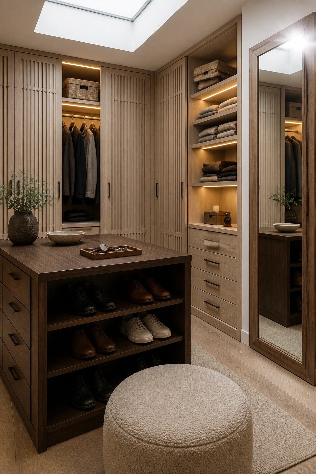 A modern walk-in closet with light wood cabinetry, open shelves holding folded clothes and baskets, a central wooden island with shoe storage below and a tray on top, a round upholstered ottoman in front, and a full-length mirror on the right wall.