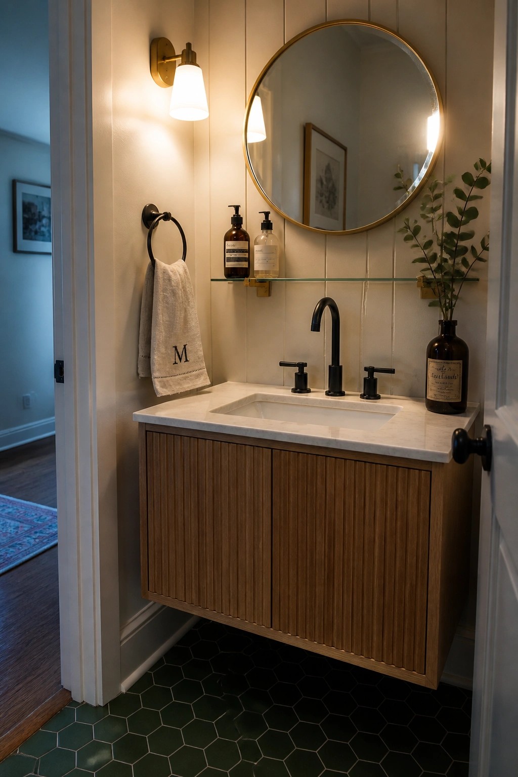 Floating wooden vanity with marble sink, black faucet, round gold mirror, green tile floor.