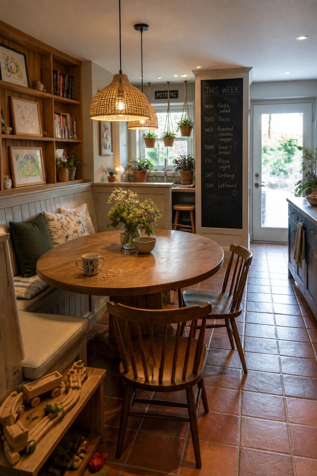 A round wooden dining table with mixed wooden chairs and a built-in cushioned bench in a kitchen area with open shelving and a chalkboard menu board.