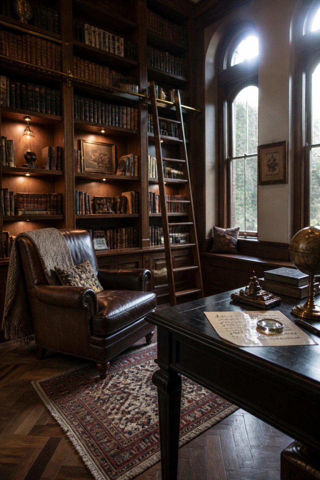 A dark wood home library with floor-to-ceiling built-in bookshelves, a brown leather armchair on a patterned rug, a rolling ladder, and a desk near arched windows.