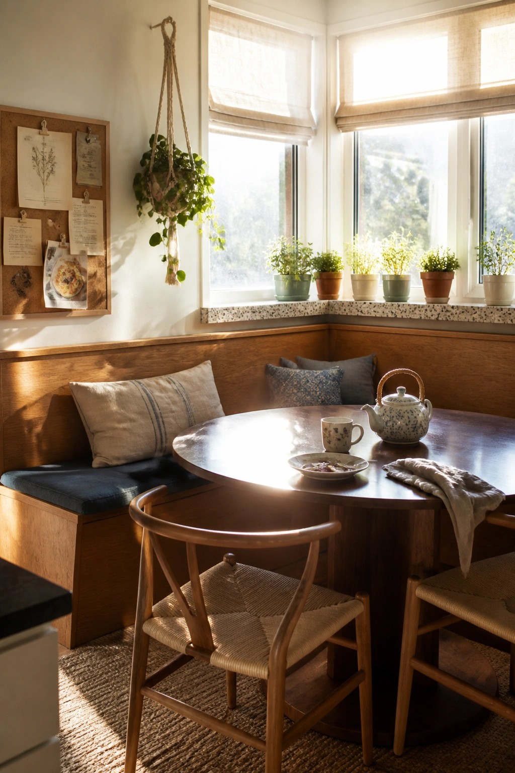 Sunlit wooden nook with round table, teapot, cushions, and windowsill plants