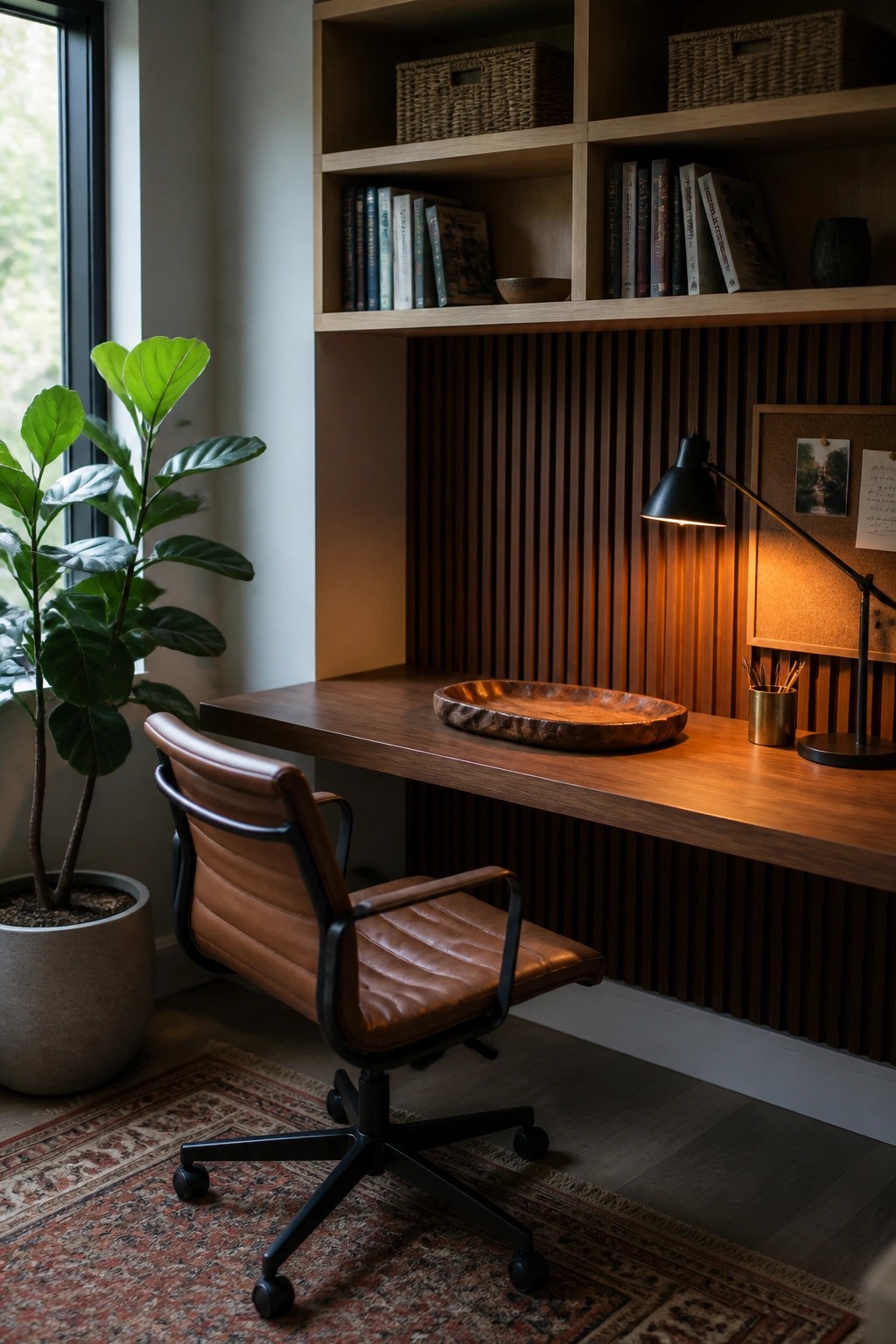 A home office with a wooden desk, built-in wood shelving above it, a brown leather chair, and a potted plant near the window.