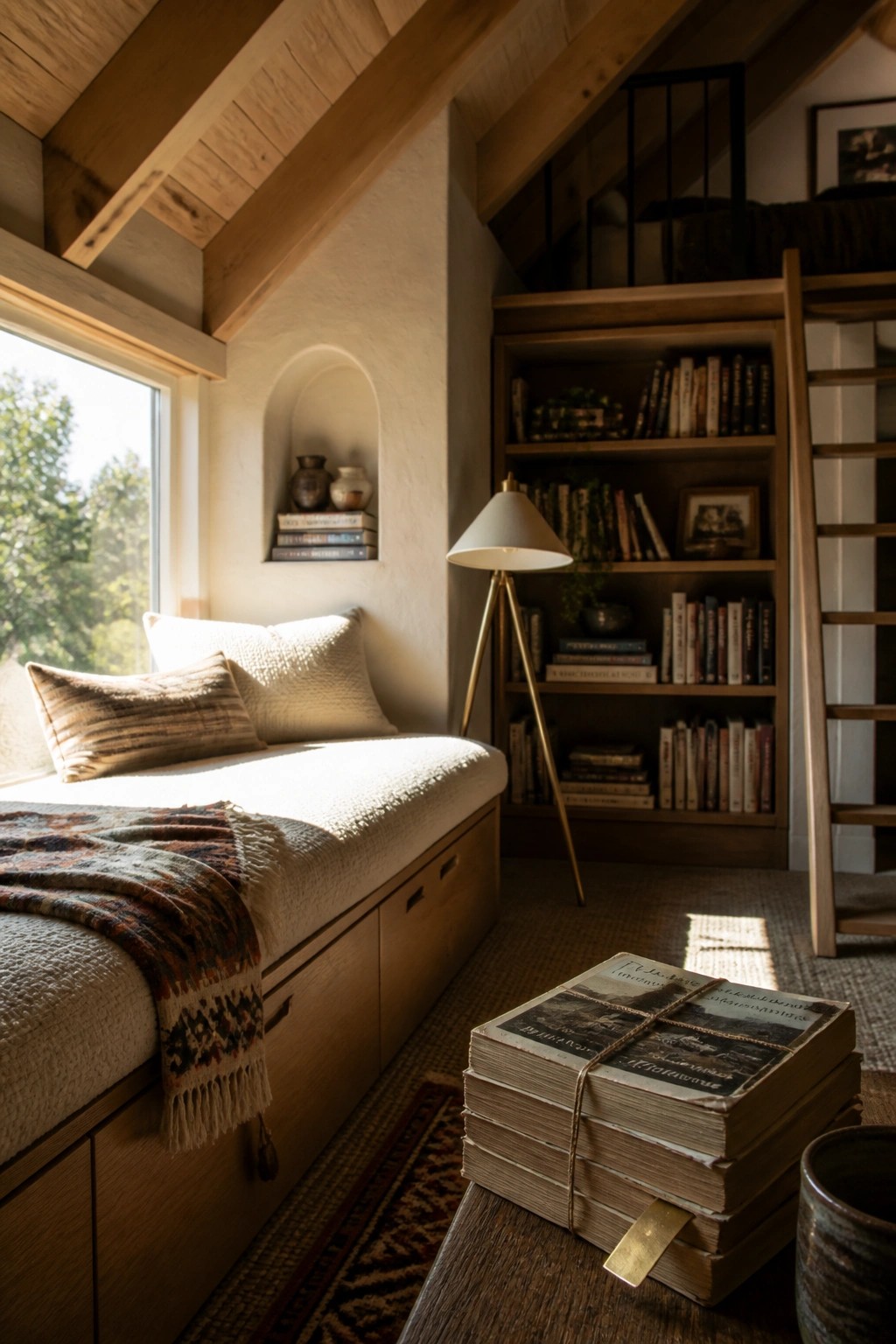 A sunlit attic bedroom featuring a wooden built-in daybed with storage drawers, a tall wooden bookshelf, and exposed ceiling beams.