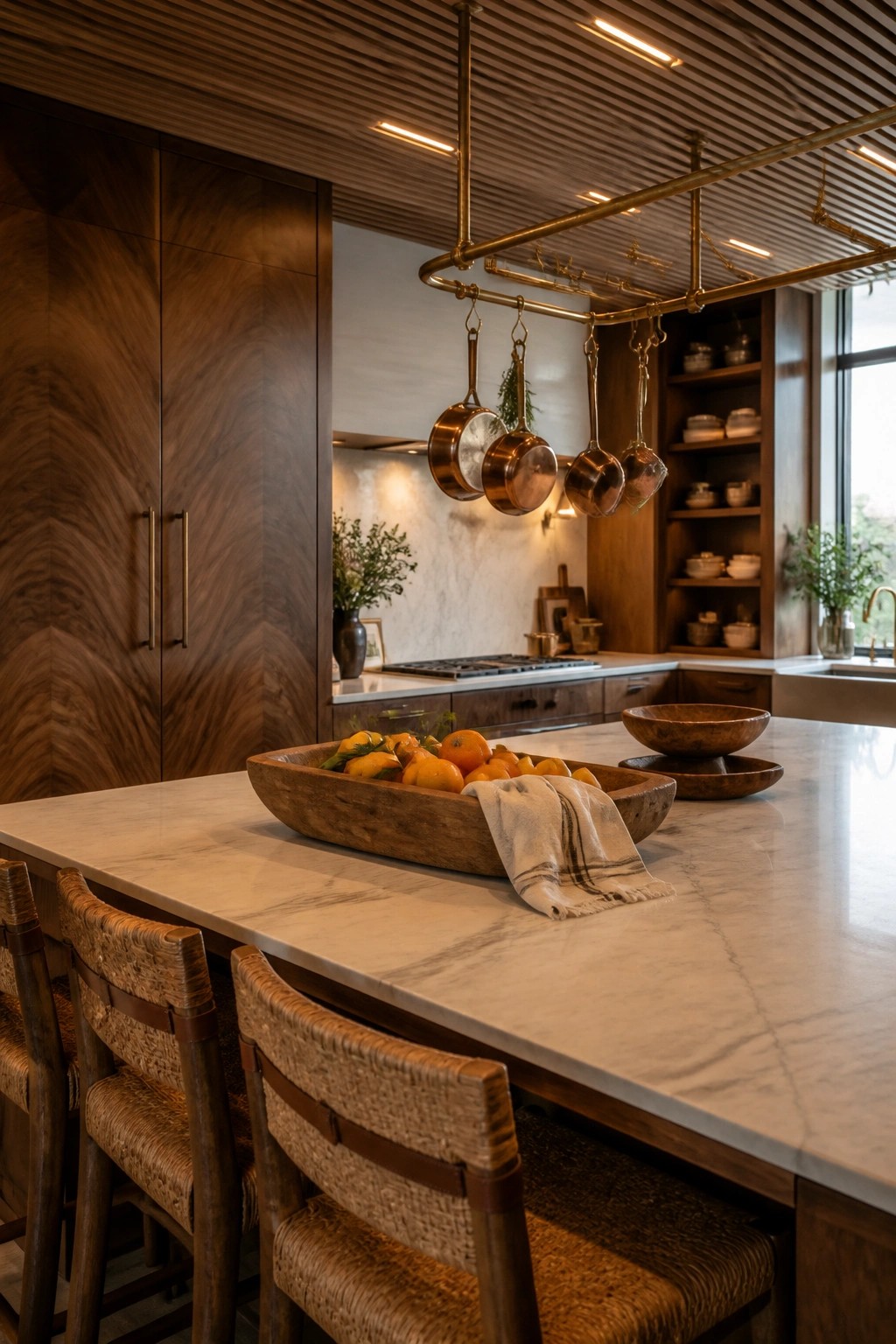A kitchen with dark wood cabinets, a marble island, woven chairs, and copper pots hanging from a brass ceiling rack.