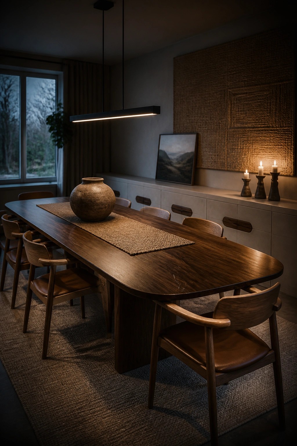A long dark wood dining table with matching wooden armchairs sits on a woven rug inside a modern dining room with a clay vase and candles visible in the background.