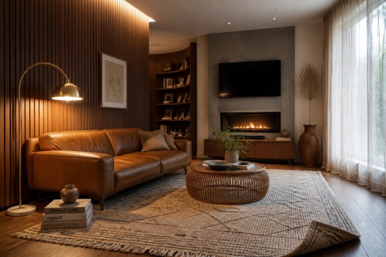 A living room with a brown leather sofa, round woven coffee table, built-in wood bookshelves, and a vertical wood slat wall with backlighting.
