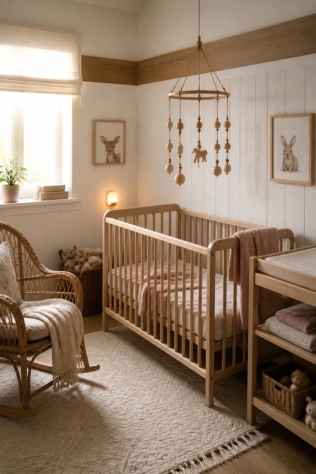 A light wood crib with pink bedding stands in a white nursery next to a wicker rocking chair, with a wooden mobile hanging above and framed animal prints on the walls.
