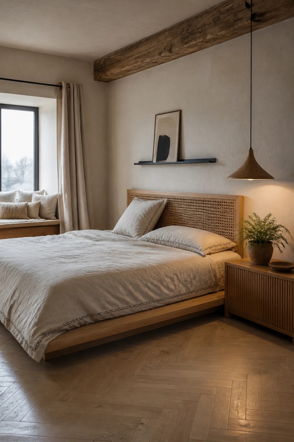 A bedroom featuring a low wooden platform bed with a cane headboard, white linen bedding, a wooden nightstand, and herringbone wood flooring.
