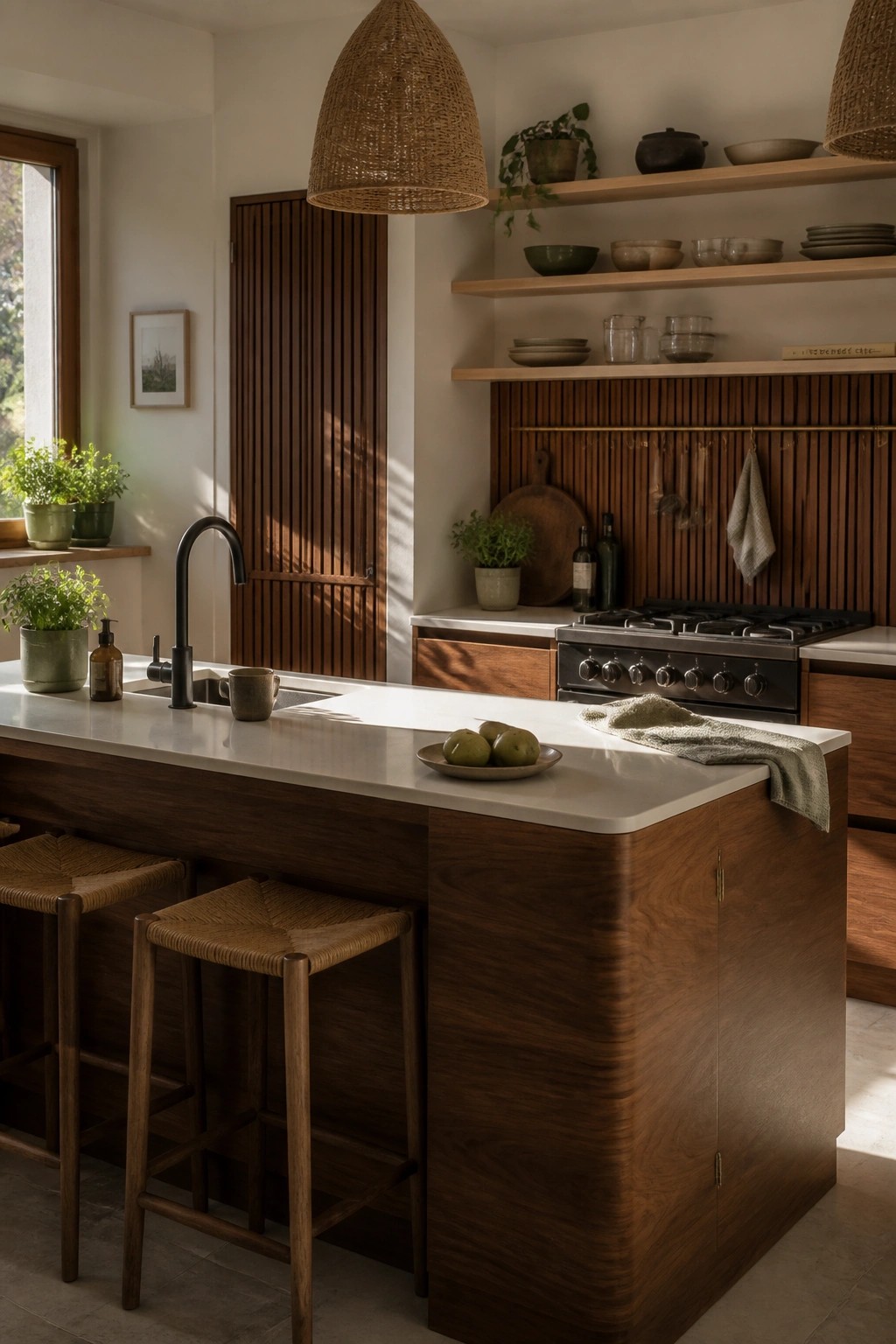 Modern kitchen with wooden island, woven stools, white countertop, and wicker pendant lights.