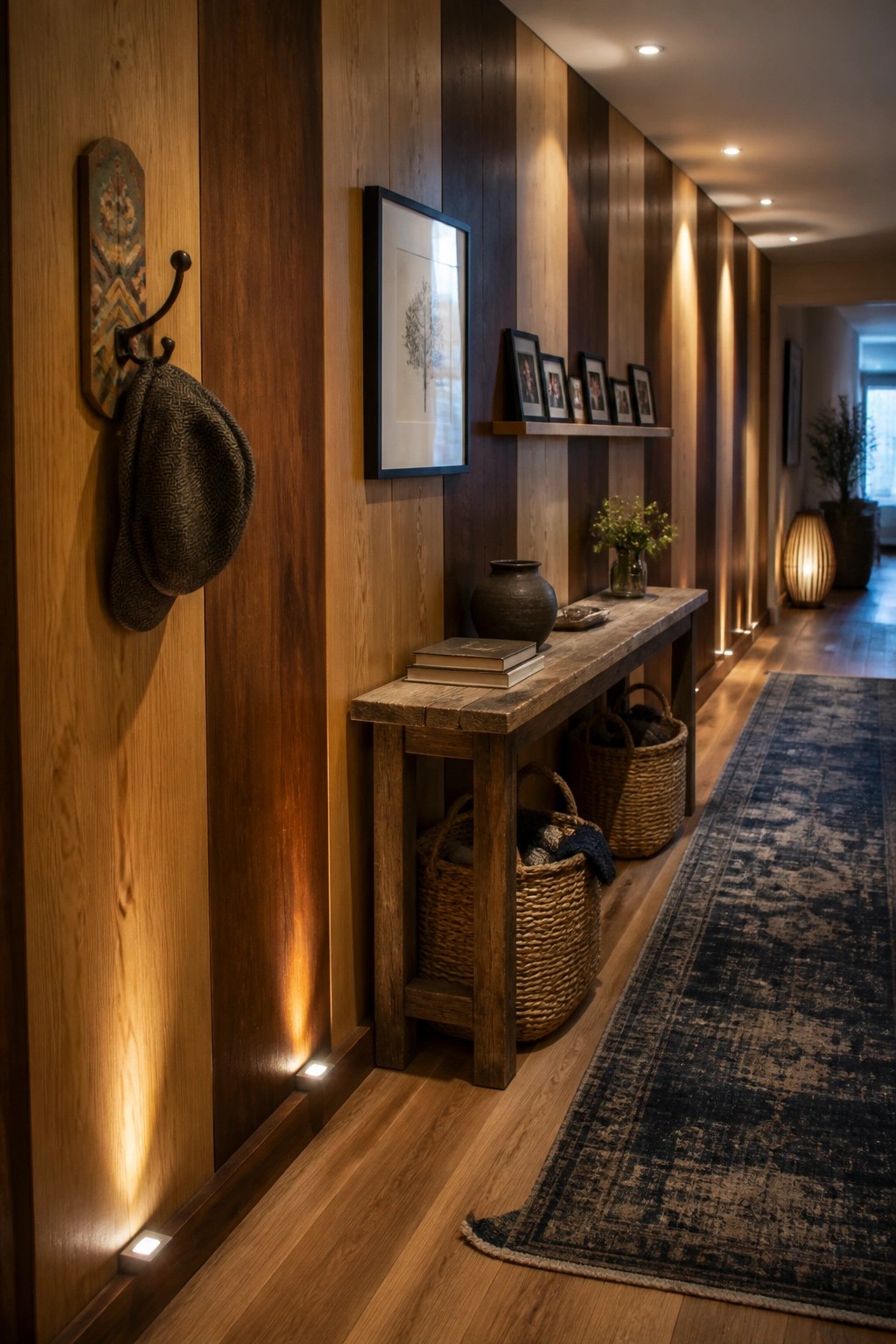 A long interior hallway with vertical wood paneling in mixed brown tones, a wooden bench with baskets below, wall art, and a blue patterned runner rug.
