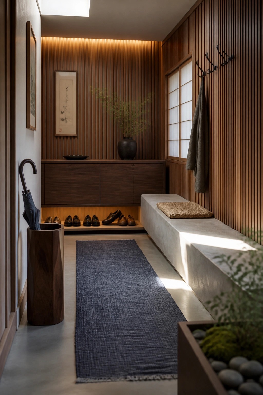 A narrow interior hallway with vertical wood slat walls, a built-in concrete bench, dark wood cabinetry, and a blue runner on the floor.