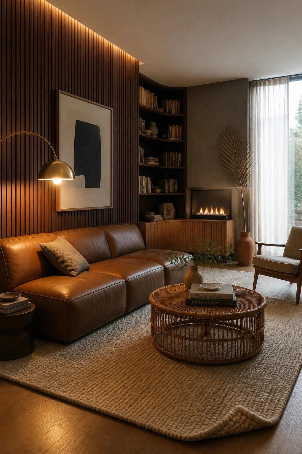 A living room with a brown leather sofa, round woven coffee table, built-in wood bookshelves, and a vertical wood slat wall with backlighting.