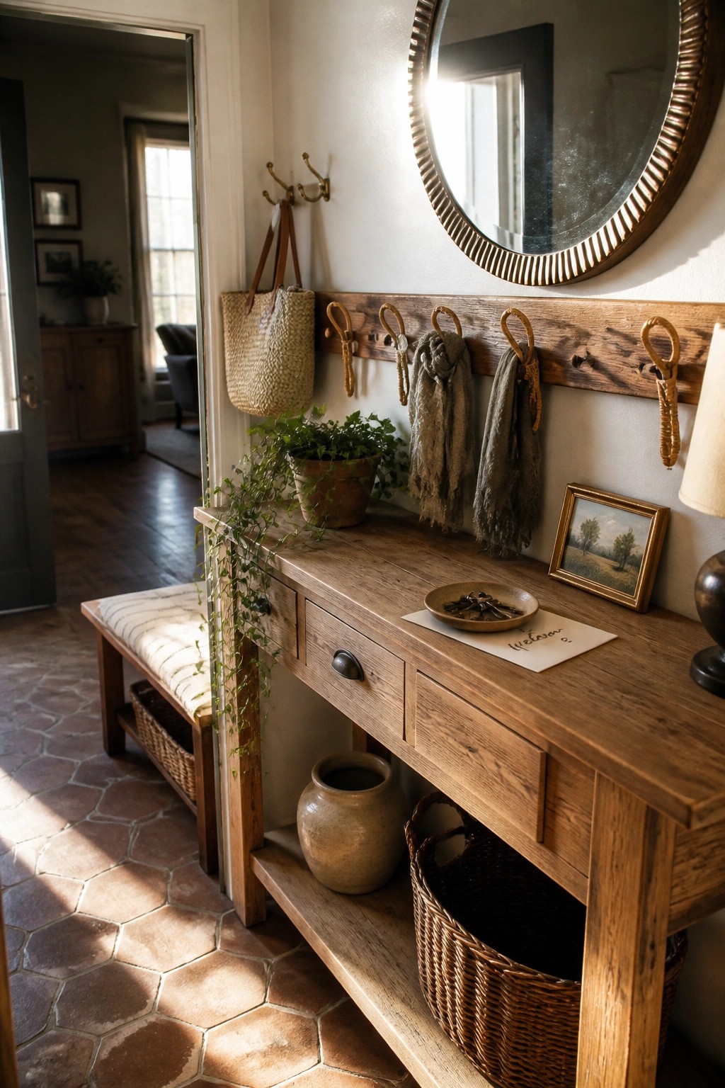 A wooden console table with hooks above it, a bench, and storage baskets in a tiled entryway.