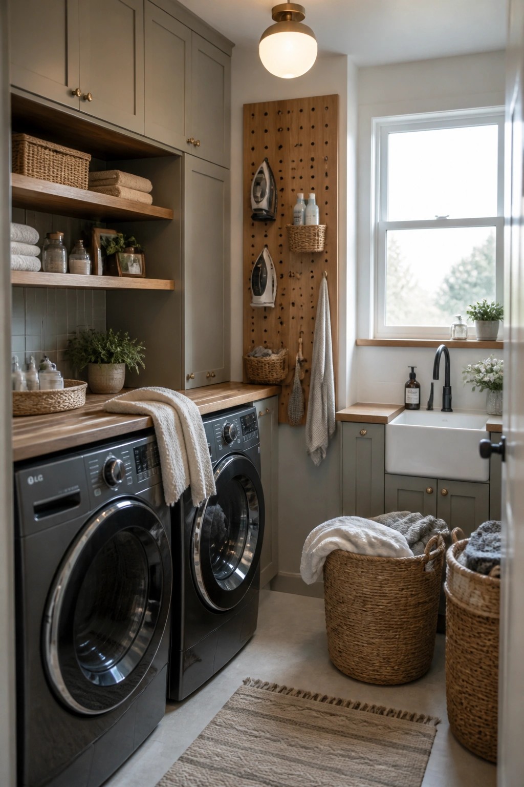 A laundry room with gray cabinets, wooden open shelves, a wooden countertop, a pegboard wall, two front-loading washers, a sink under a window, and woven baskets on the floor.