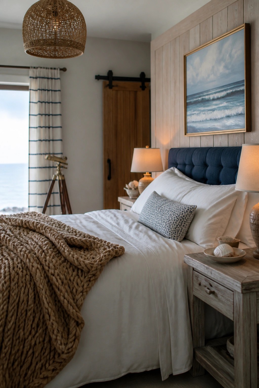 A bedroom with light wood paneling on the wall behind a bed with white linens, a blue upholstered headboard, and wooden nightstands.