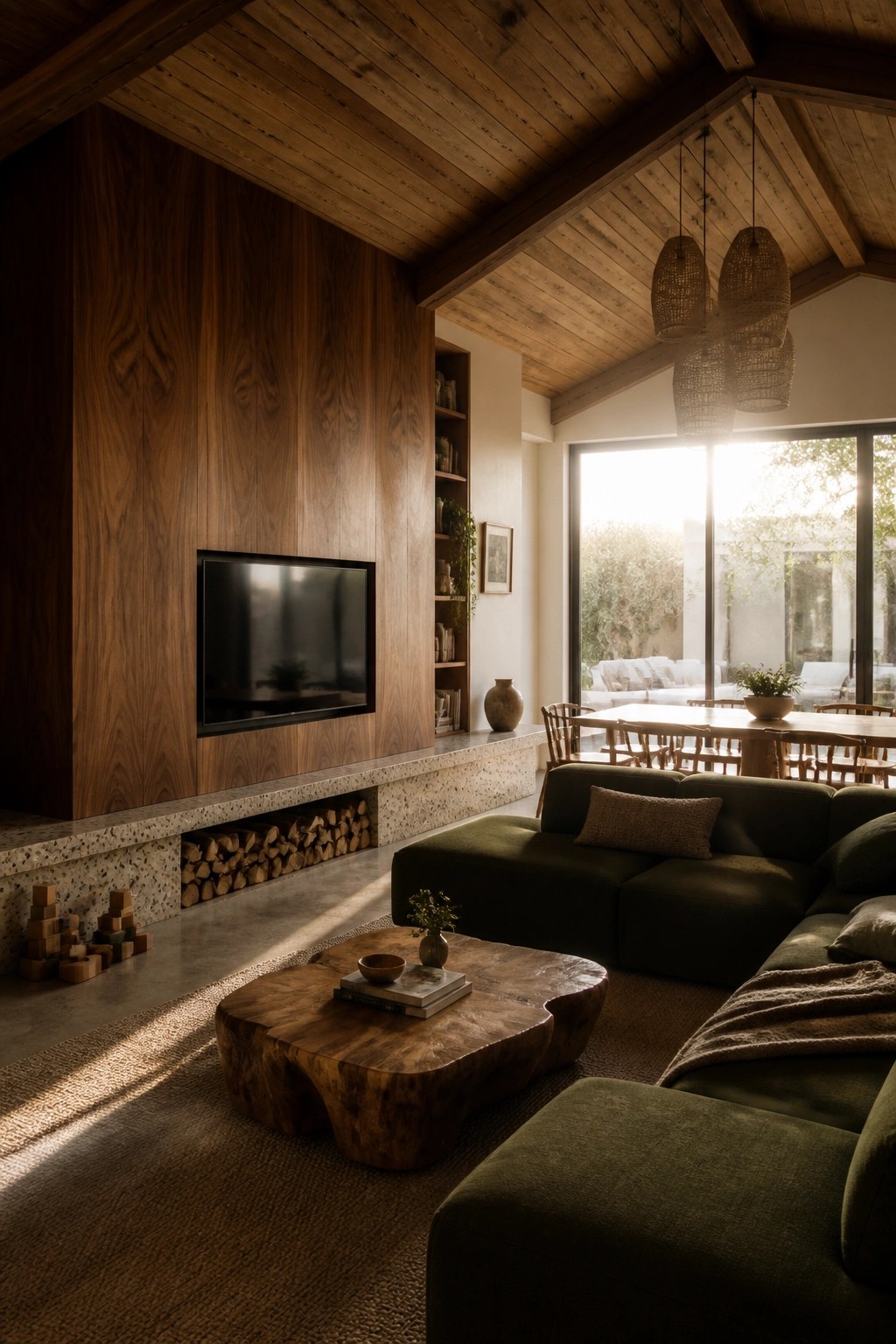 A living room with a tall wood-paneled wall holding a television above a low storage ledge, a green sectional sofa, and a live-edge wood coffee table on a woven rug.